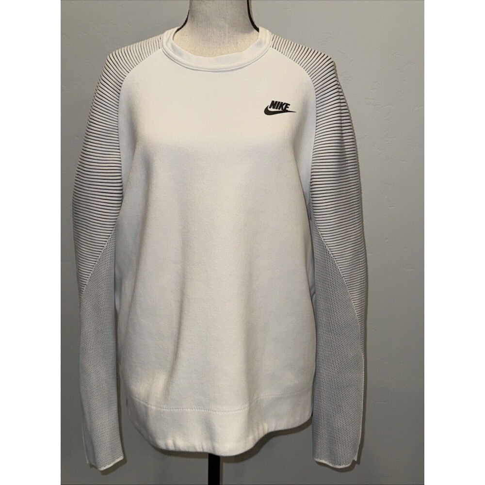 Nike White Tech Fleece Ribbed Long Sleeve Crew Neck Sweatshirt Large, EUC